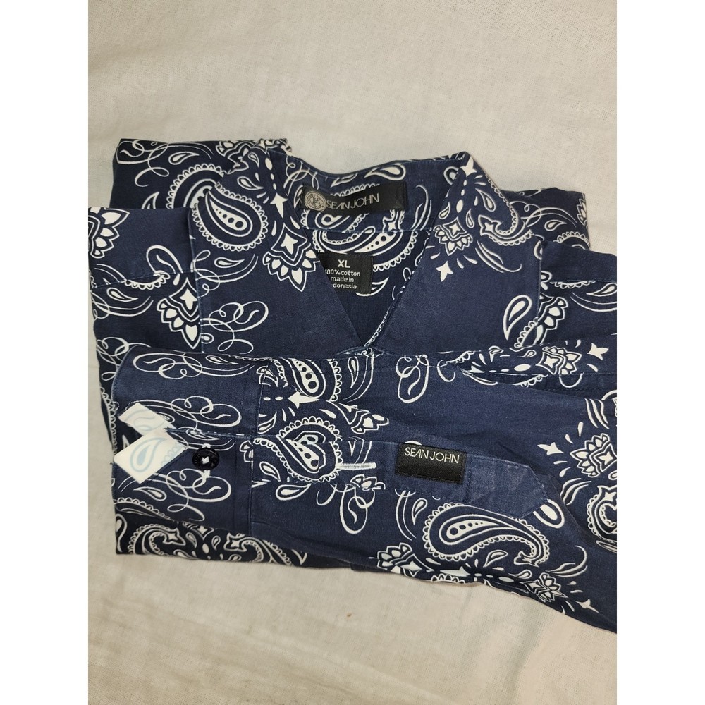 Sean John White And Blue Paisley Cotton Dress Shirt Xl With Some Staining